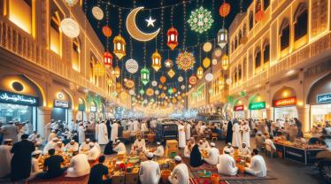 Hoogwaardige DSLR-foto die de levendige en vreugdevolle viering van de heilige maand Ramadan laat zien.