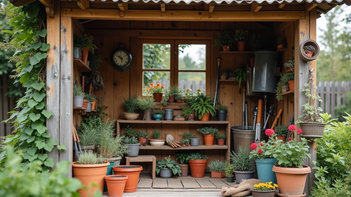 A cozy garden shed filled with gardening tools and cute decorations.