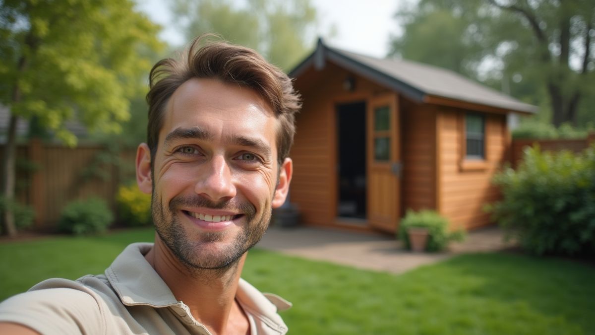 A person taking a selfie with a beautiful garden shed in the background.