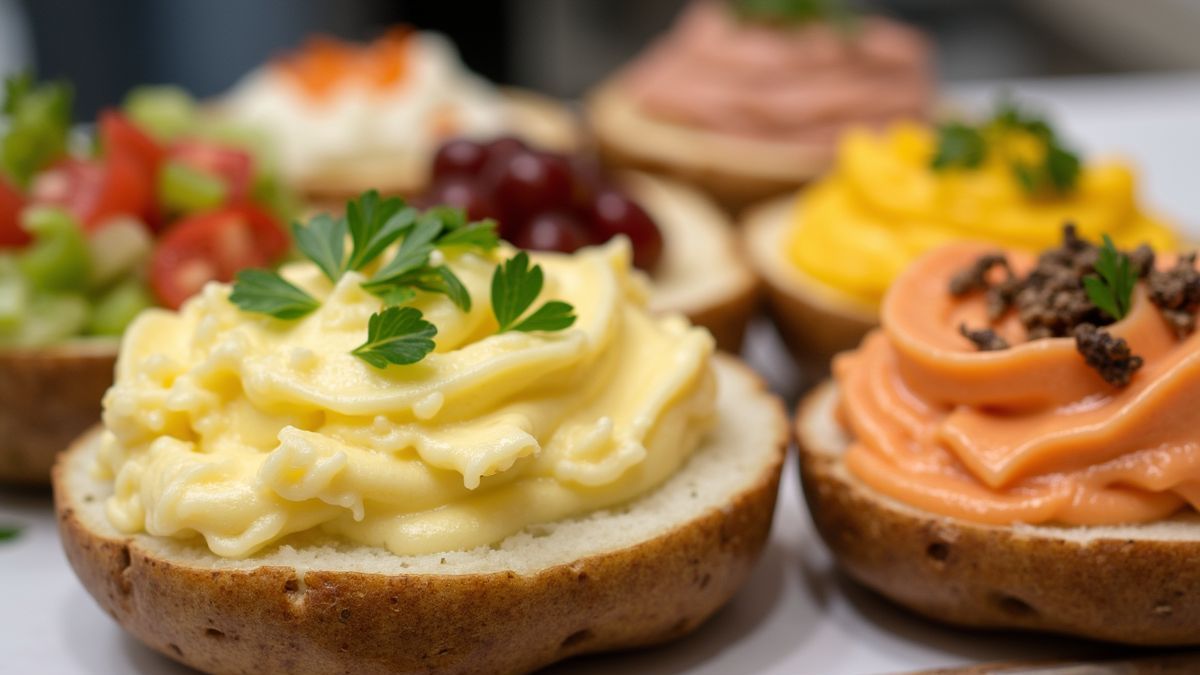 Aardappelpuree bar met verschillende toppings.