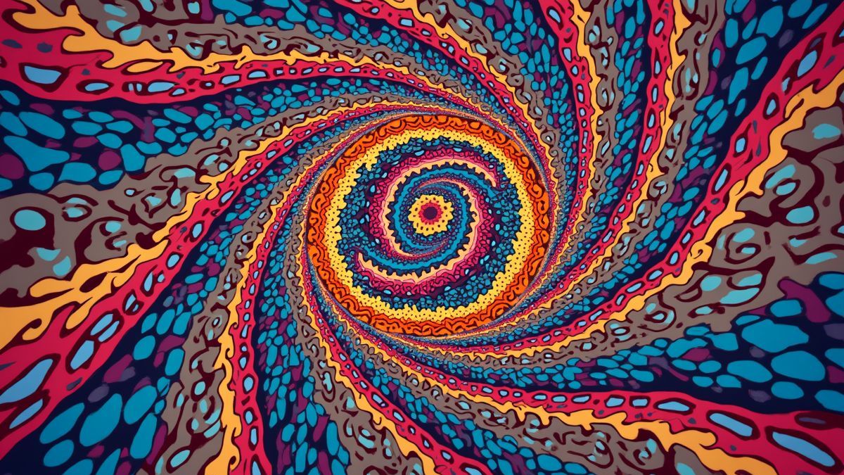 Abstracte psychedelische kunst met levendige kleurenpatronen.