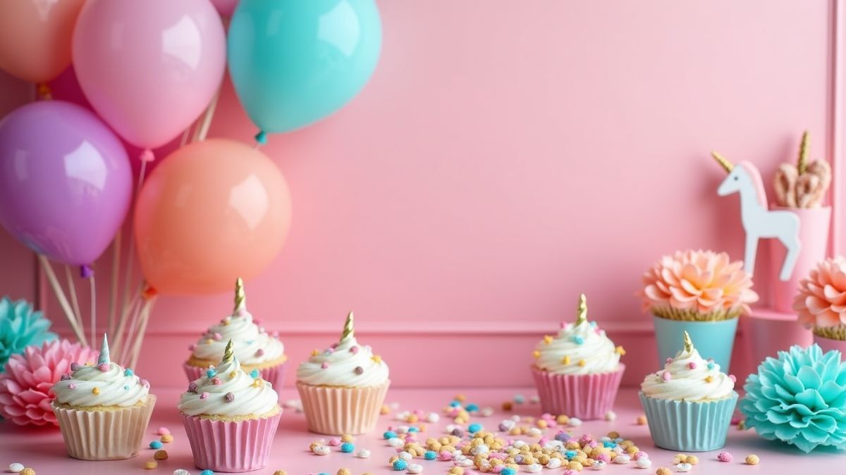 Afbeelding van een eenhoornfeest met kleurrijke decoraties en lekkernijen