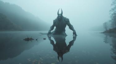 Afbeelding van een mythisch wezen in een mistig Schots meer met mysterieuze reflecties.