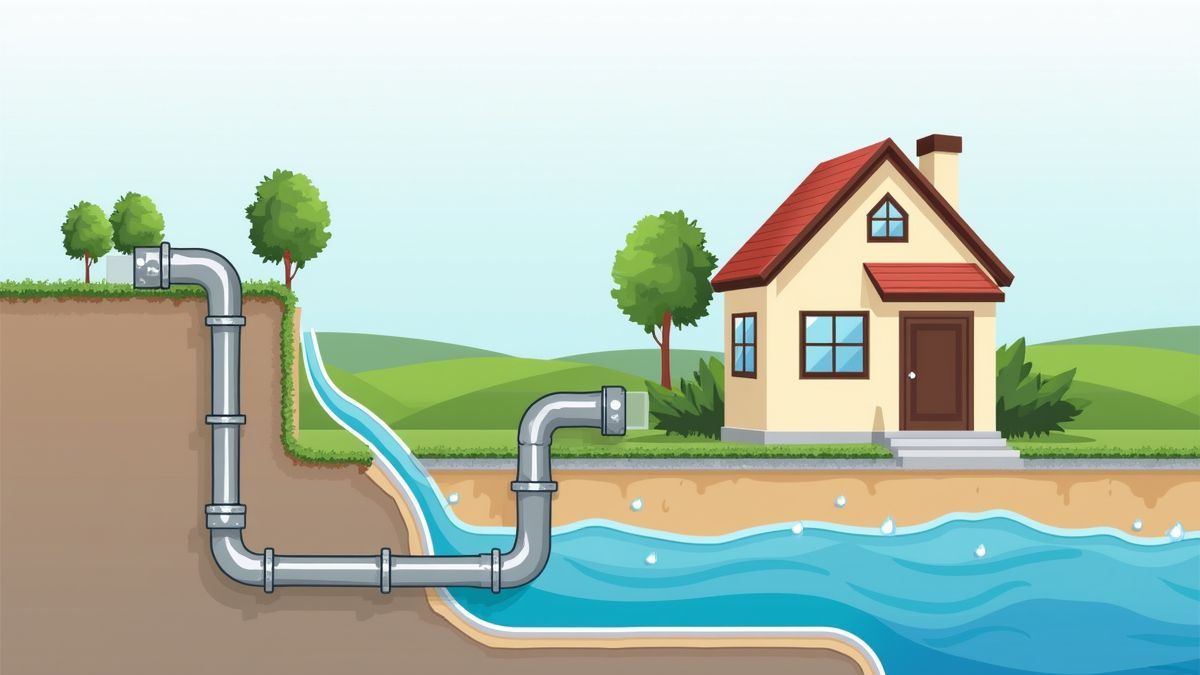 Afbeelding van een sanitairsysteem dat van een huis naar het hoofdrioleringssysteem leidt.