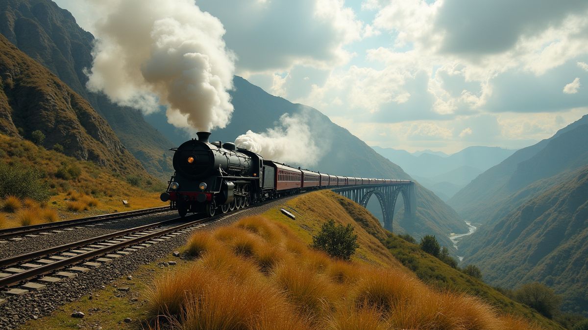 Afbeelding van een stoomlocomotief die door een schilderachtig landschap reist.