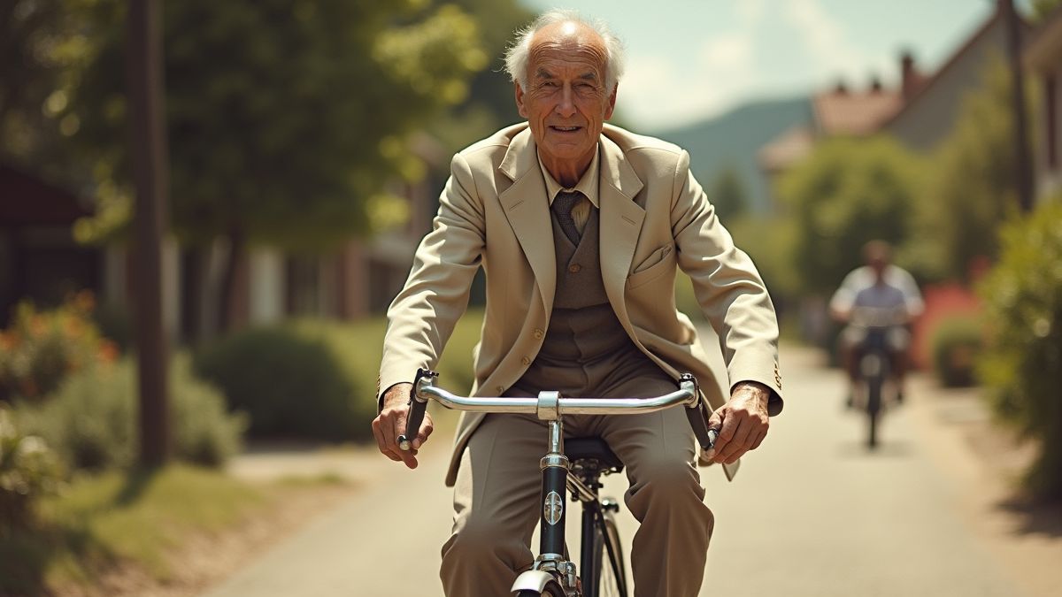 Albert Hofmann op een vintage fiets tijdens zijn beroemde rit.