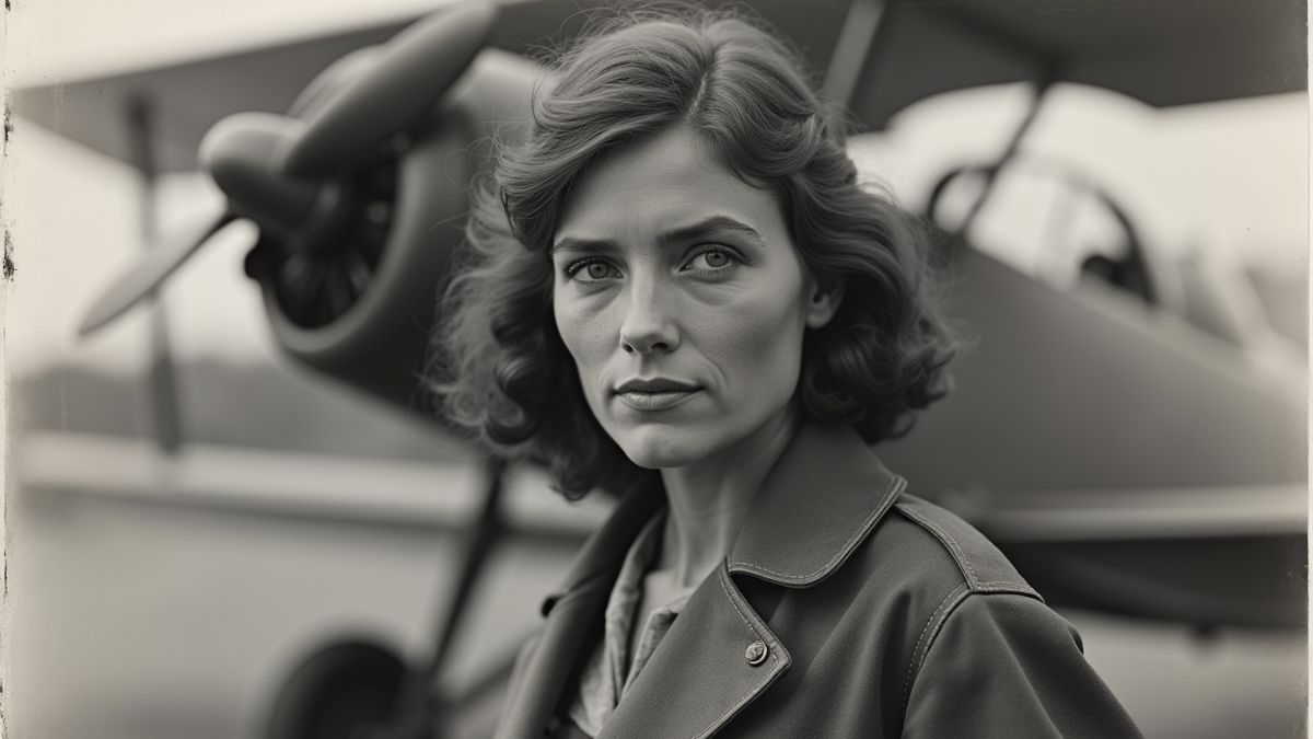 Amelia Earhart naast haar vliegtuig