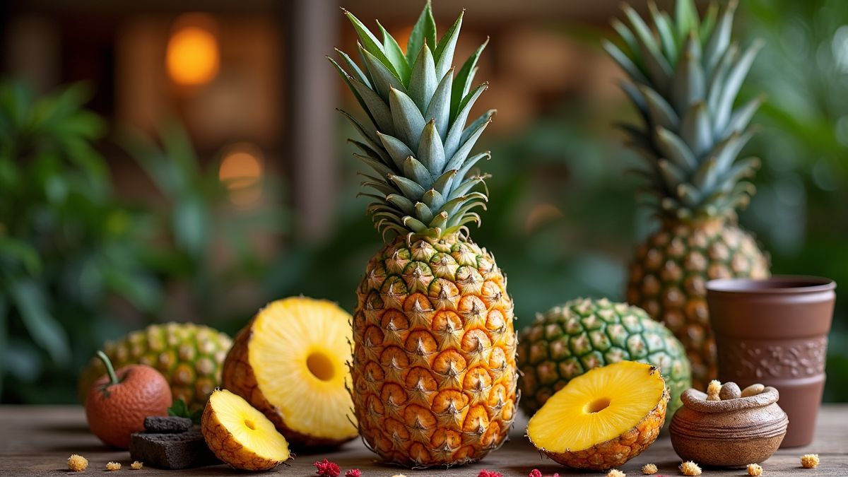Ananas met tropische decoraties en culturele artefacten eromheen.