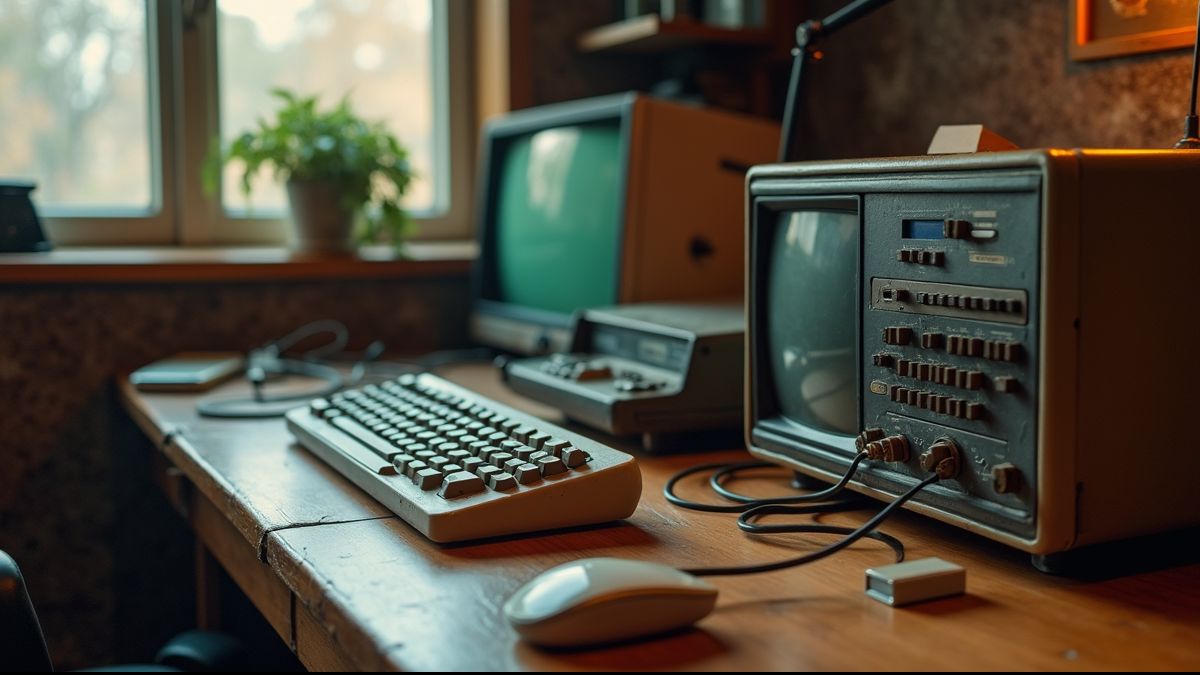 Antiek computerbureau met een USB-stick