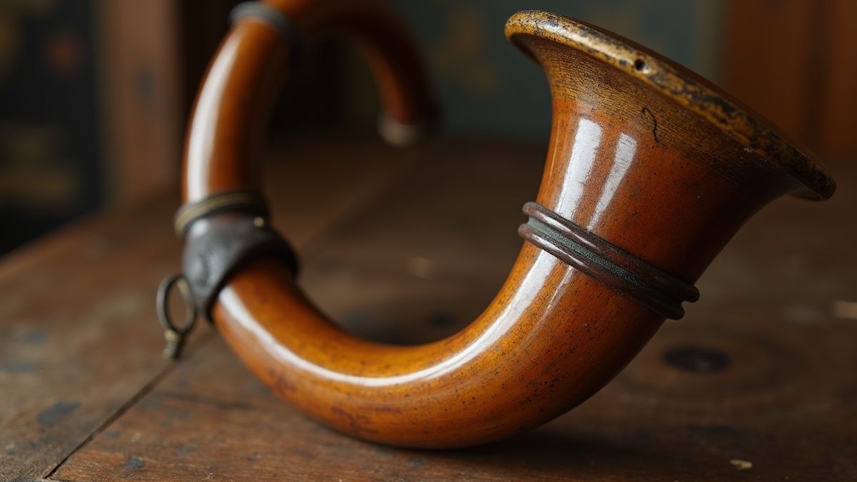 Antiek crumhorn op een houten tafel