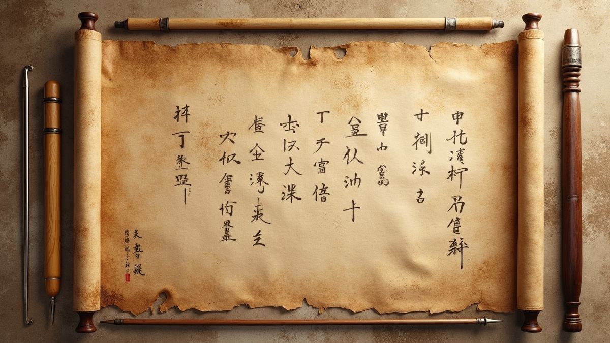 Antieke Chinese rollen en kalligrafiematerialen.