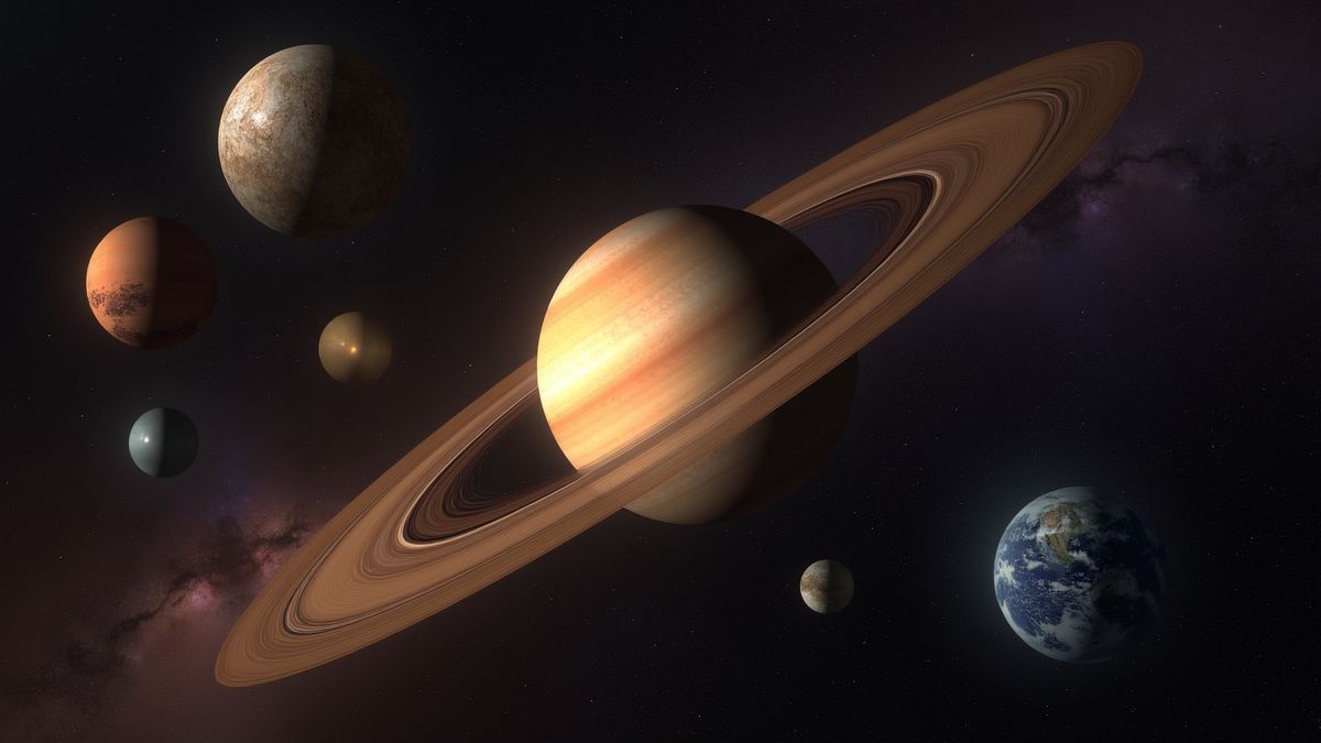 Artistieke voorstelling van Pluto tussen andere hemellichamen.
