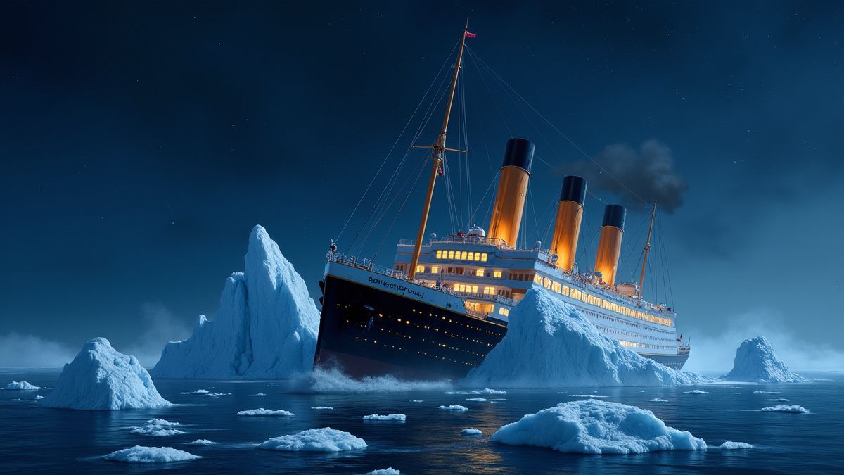 Artistieke weergave van de Titanic die een ijsberg raakt