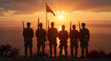 Australische en Nieuw-Zeelandse soldaten bij zonsopgang, met herdenkingskransen.