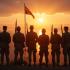 Australische en Nieuw-Zeelandse soldaten bij zonsopgang, met herdenkingskransen.