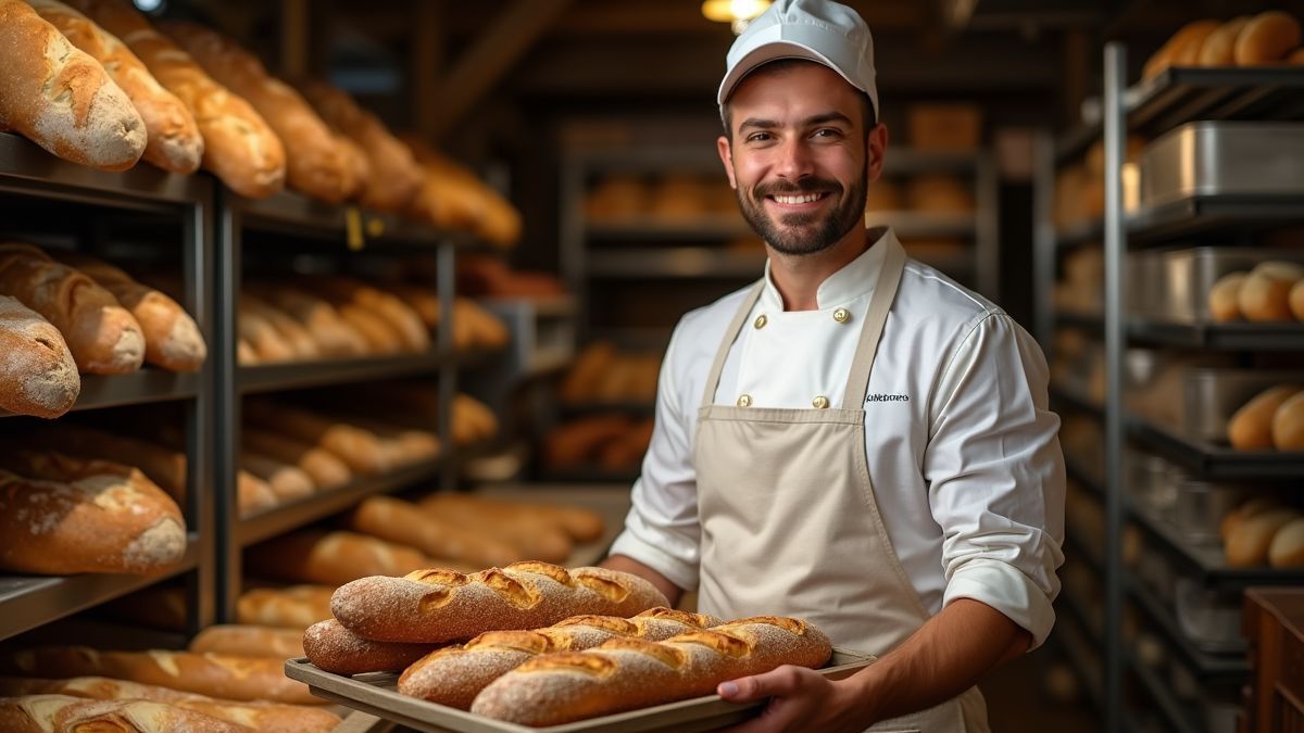 Bakker met versgebakken stokbroden