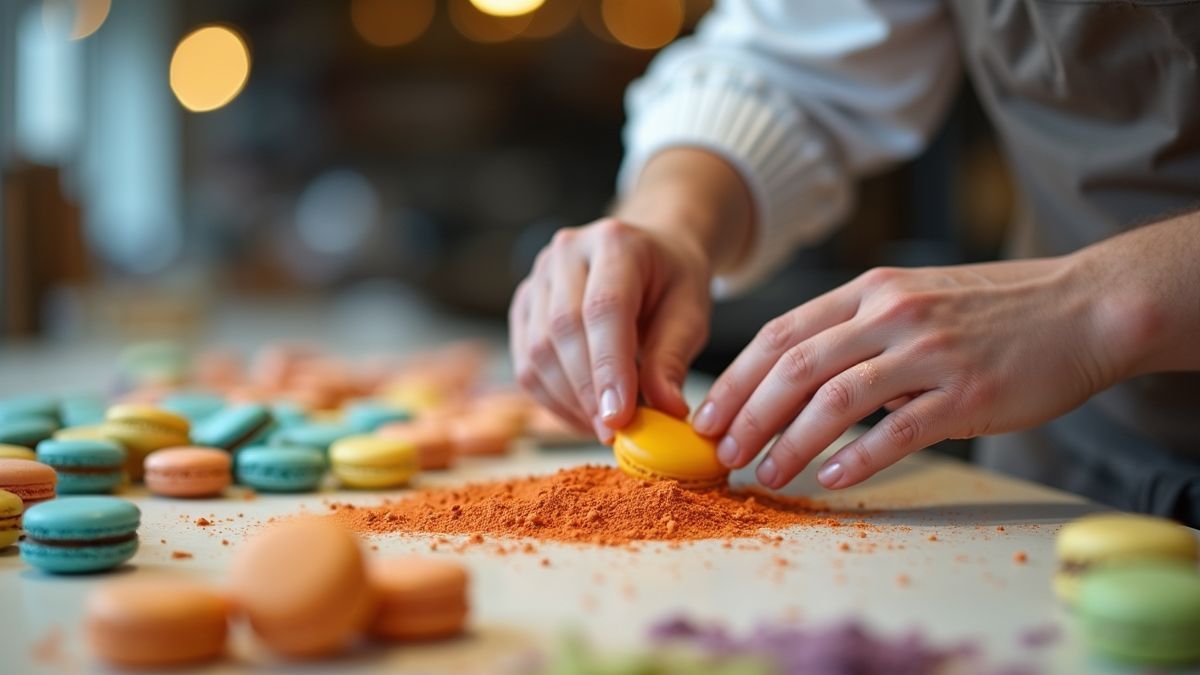 Banketbakker in een Franse workshop die macarons maakt.