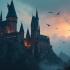 Beeld van het Hogwarts-kasteel en magische elementen.