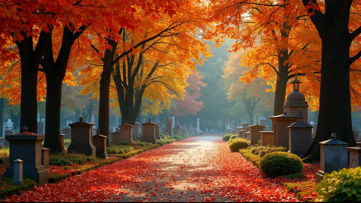 Begraafplaats omgeven door herfstbladeren