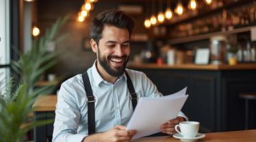Belgische chauffeur bekijkt autoverzekeringspapieren in café.