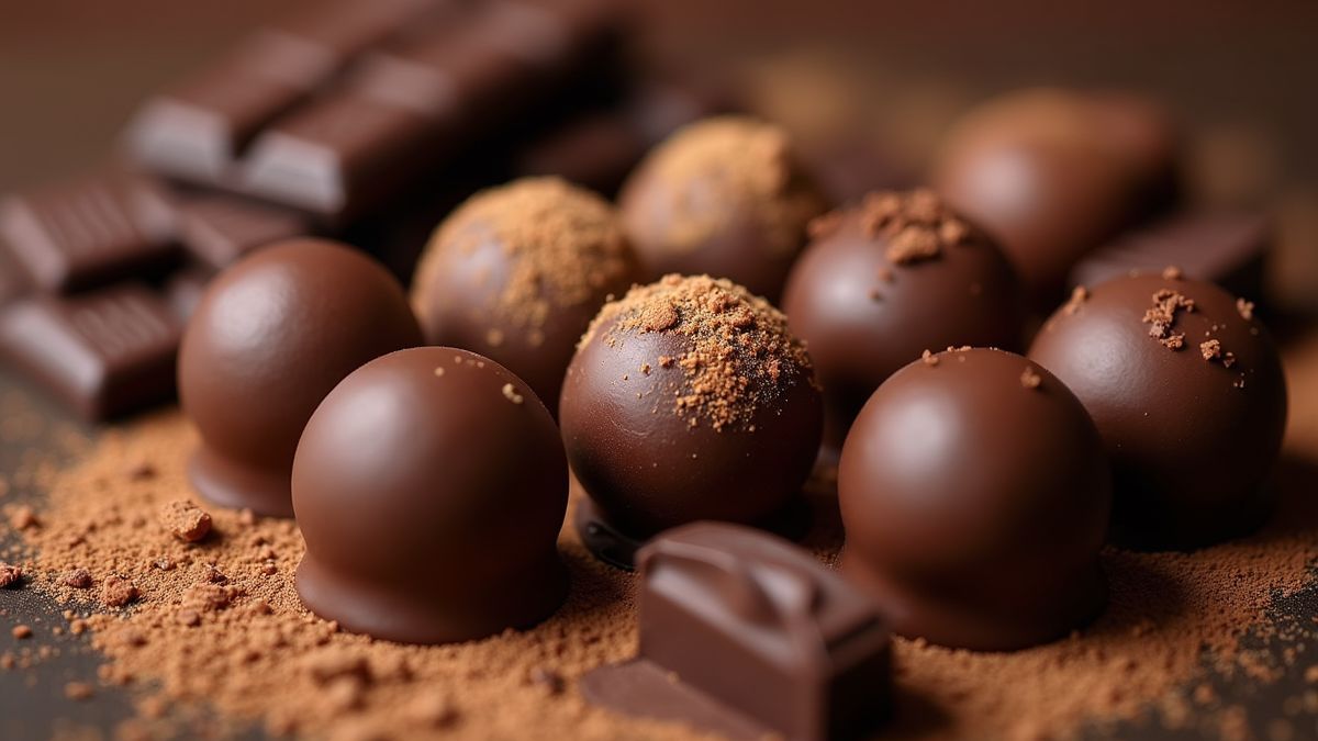 Belgische chocolade truffels omringd door cacao en chocoladegereedschap.