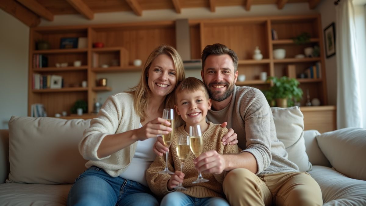 Belgische familie viert hun nieuwe huis met champagne.