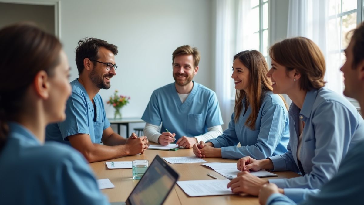 Belgische gezondheidsprofessionals bespreken FND diagnose en behandeling.