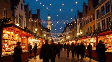 Belgische kerstmarkt met feestverlichting
