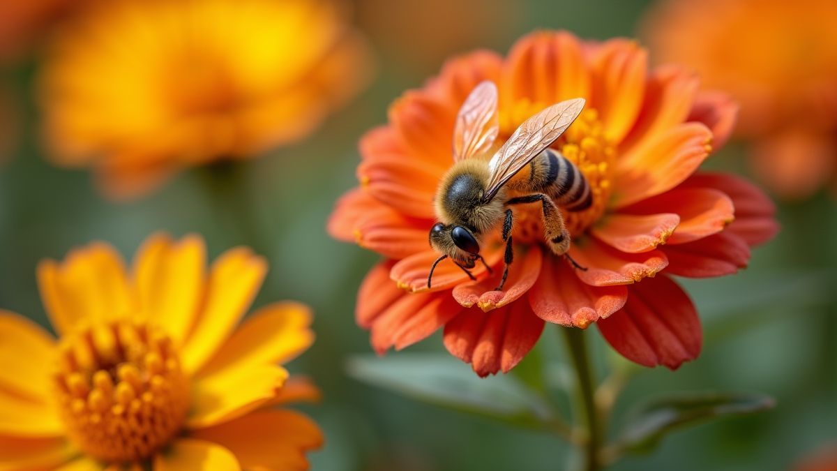 Bij bestuift bloemen in een kleurrijke tuin.