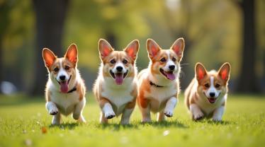 Blije groep Welsh Corgis in het park