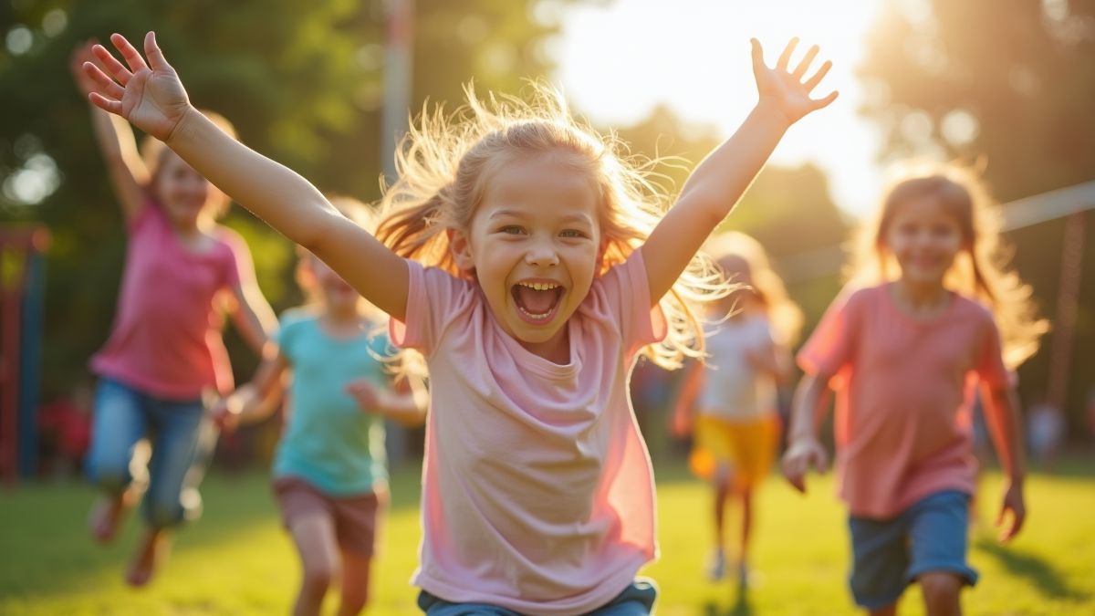 Blije kinderen die spelen in een speeltuin
