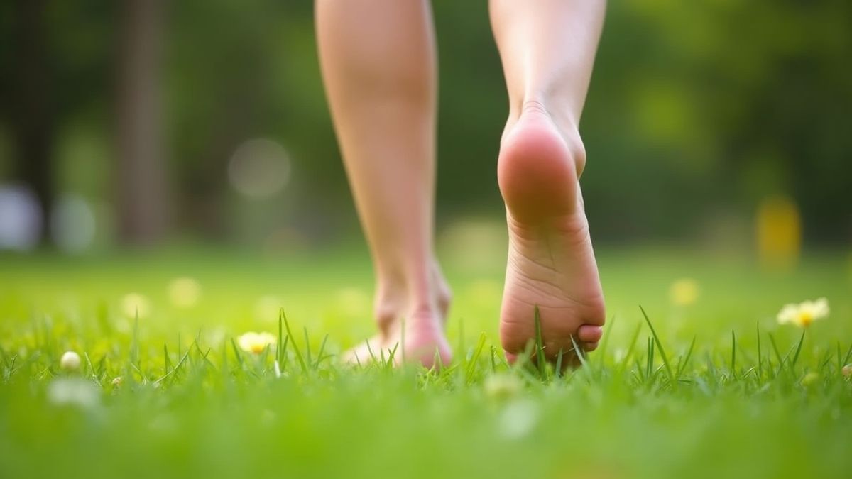 Blote voeten die op gras lopen, omringd door natuur.