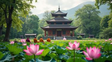 Boeddhistisch tempel met lotusbloemen.