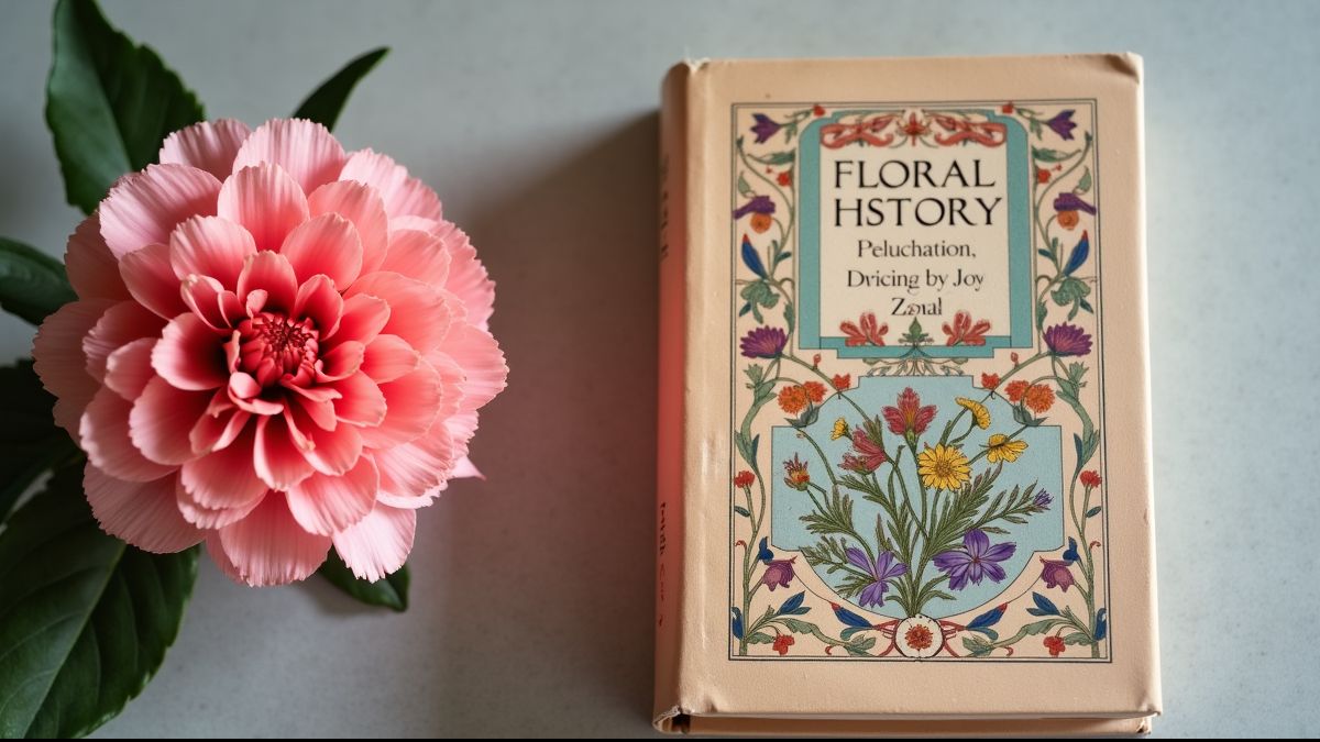 Boek over bloemen geschiedenis naast een anjer