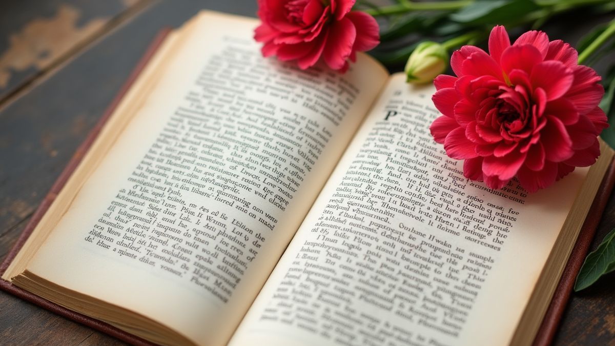 Boek over bloemen geschiedenis naast een anjer.