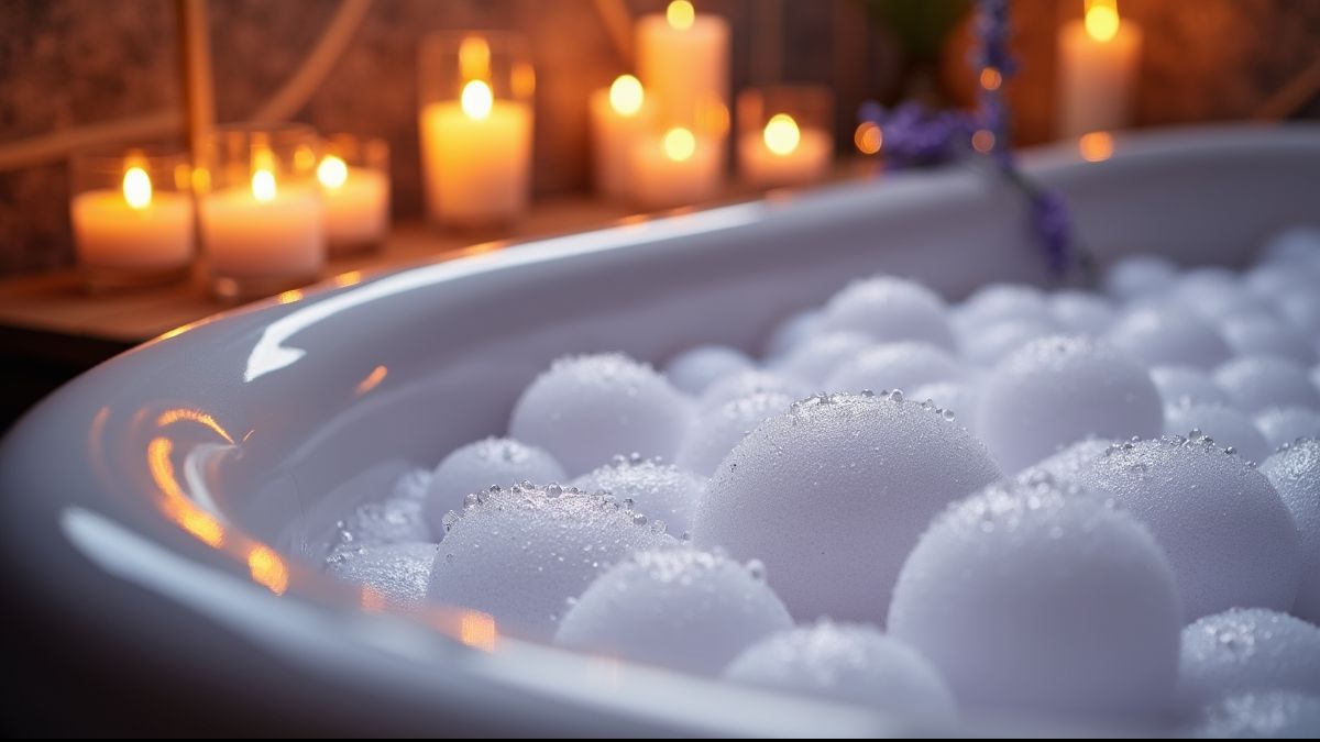 Bubbels in een bad met lavendelkaarsen
