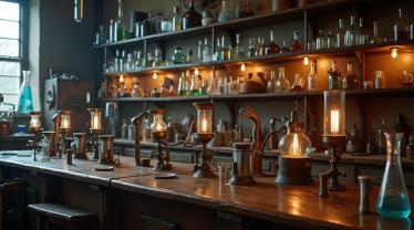 Bunsenbranders en glazen kolven op een tafel in een historisch laboratorium.