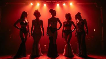 Burlesque artiesten tonen zichzelf in extravagante kostuums.