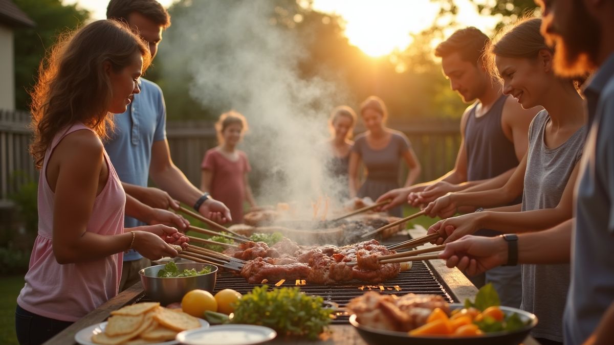 Buurtbarbecue met gezinnen rond de grill