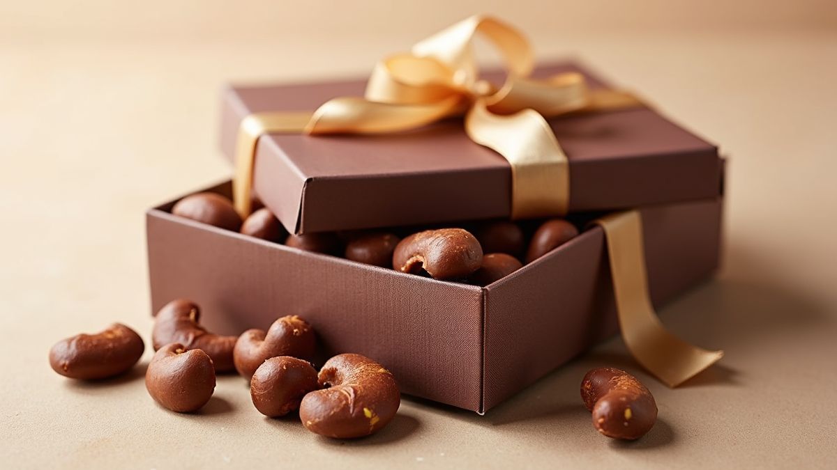 Cadeaubox met chocoladebedekte cashewnoten, mooi verpakt met een strik.
