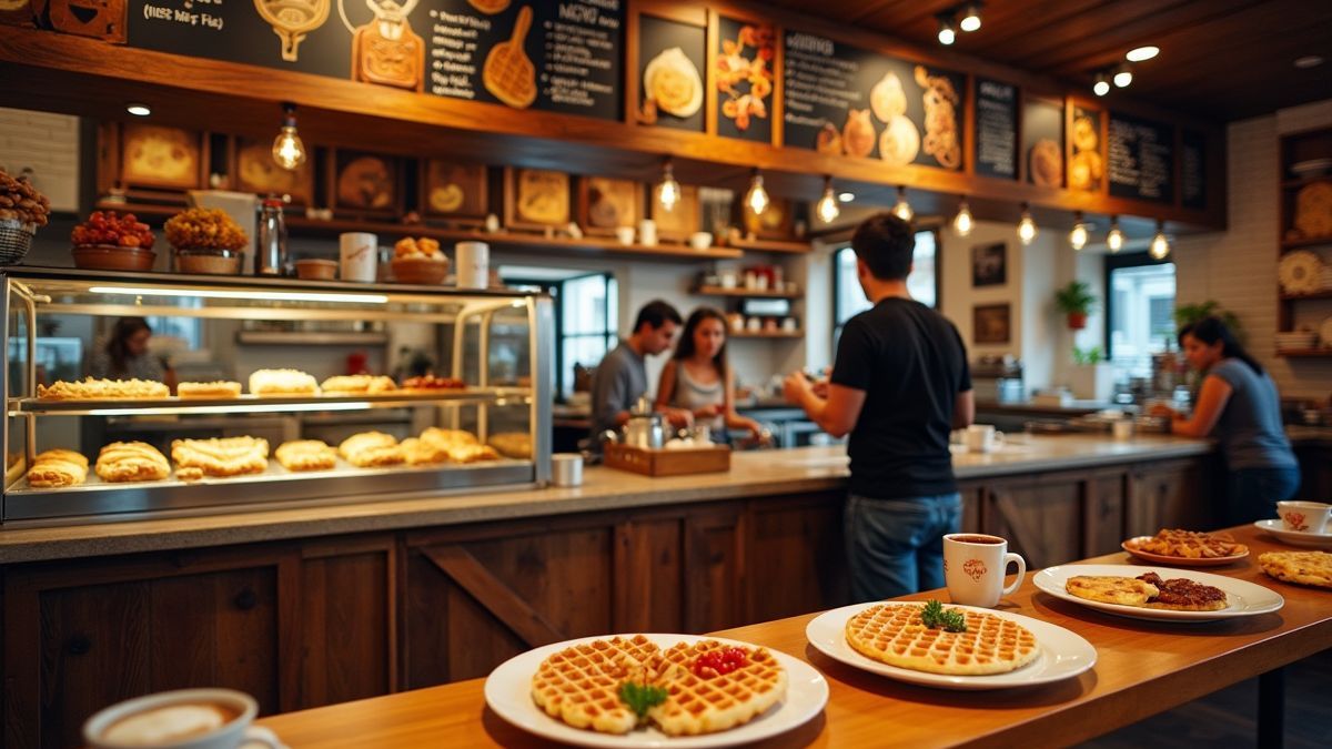 Café met verschillende soorten wafels en mensen die genieten van hun maaltijd.