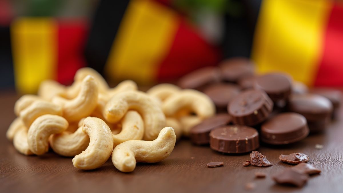 Cashewnoten en chocolade met Belgische vlaggen op de achtergrond.