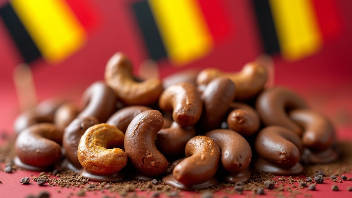 Cashewnoten en chocolade met Belgische vlaggen op de achtergrond.
