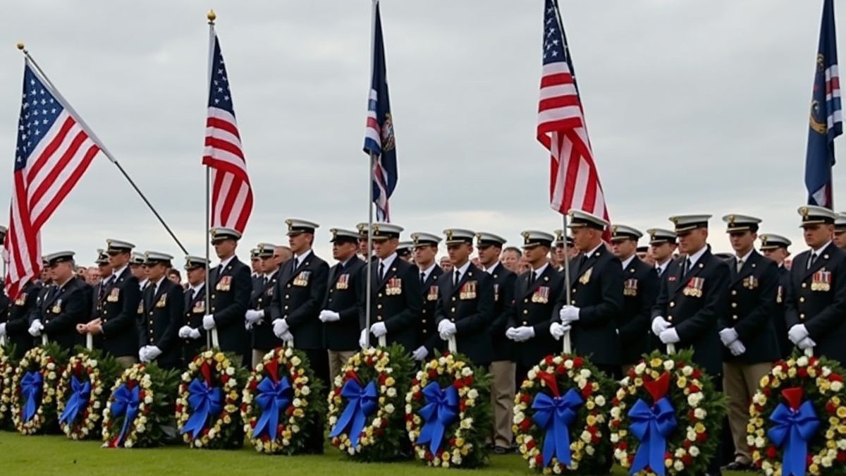 Ceremonie ter nagedachtenis van D-Day met vlaggen en kransen.