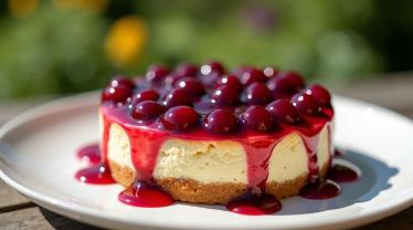 Een klassieke kersen cheesecake met felrode kersen en een boterige koekjesbodem.