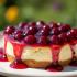 Cherrry cheesecake served in a sunny garden setting.