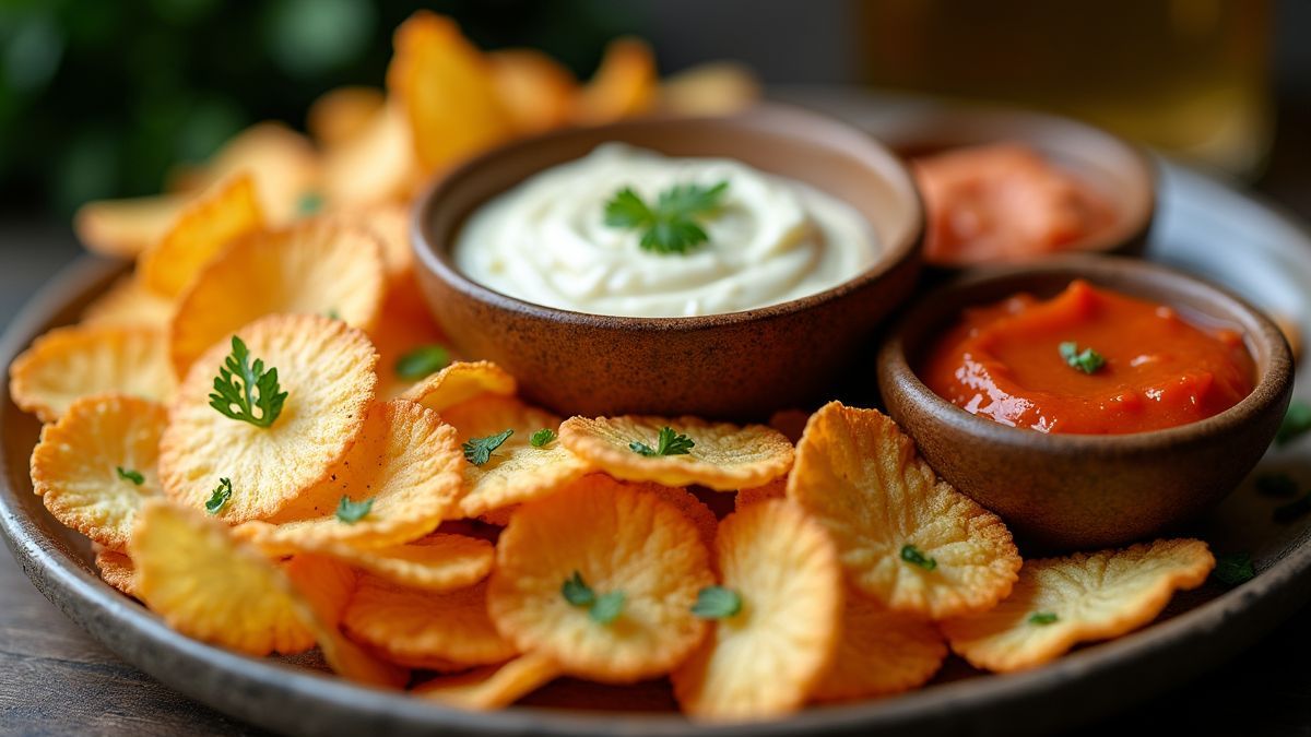 Chique borden met gourmet aardappelchips en verschillende dips.