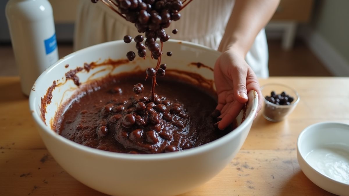 Chocolade rozijnen worden in brownie beslag gemengd
