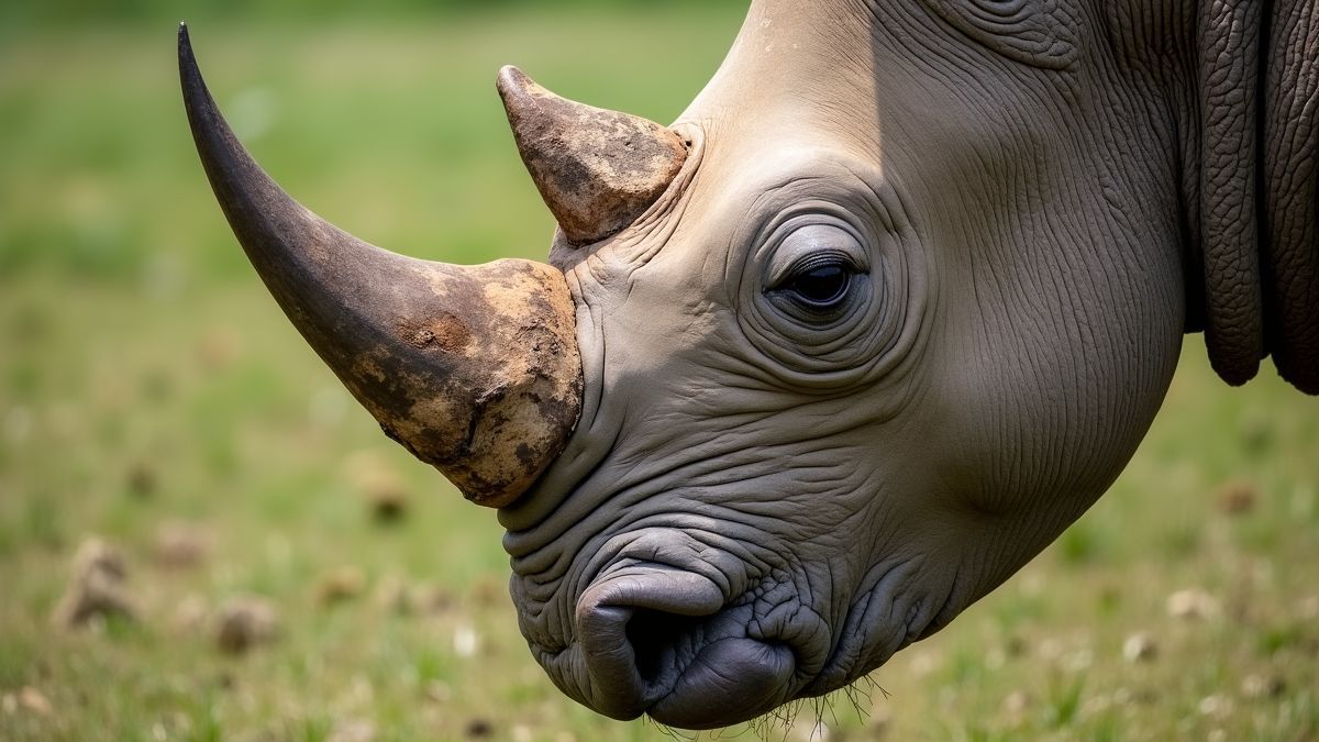 Close-up afbeelding van een neushoorn met opvallende hoorn.