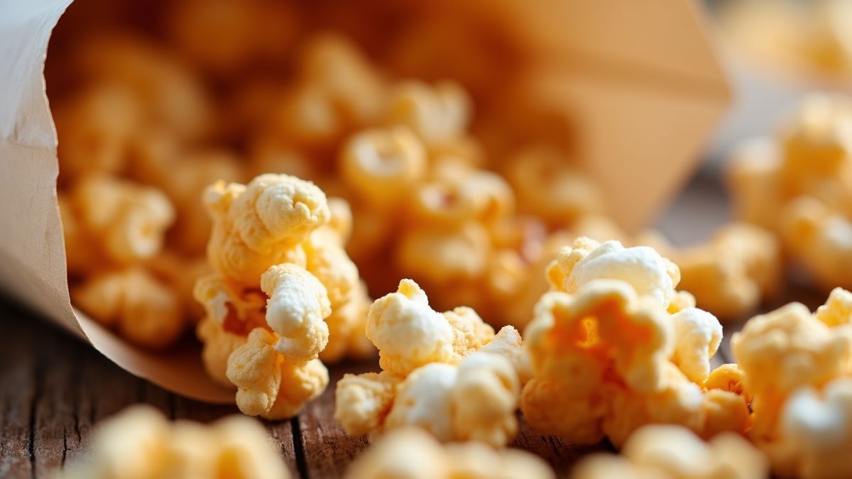 Close-up van caramel popcorn in een papieren zak